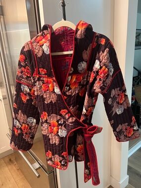 Quilted Floral Wrap kimono styleVarsity Jacket - Burgundy with Red Piping sz S-M
